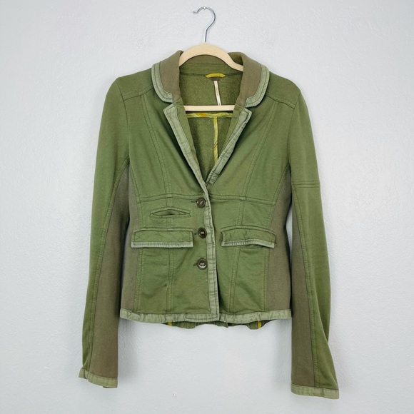 Free PEOPLE OLIVE GREEN THREE BUTTON BLAZER JACKET - Picture 2 of 8
